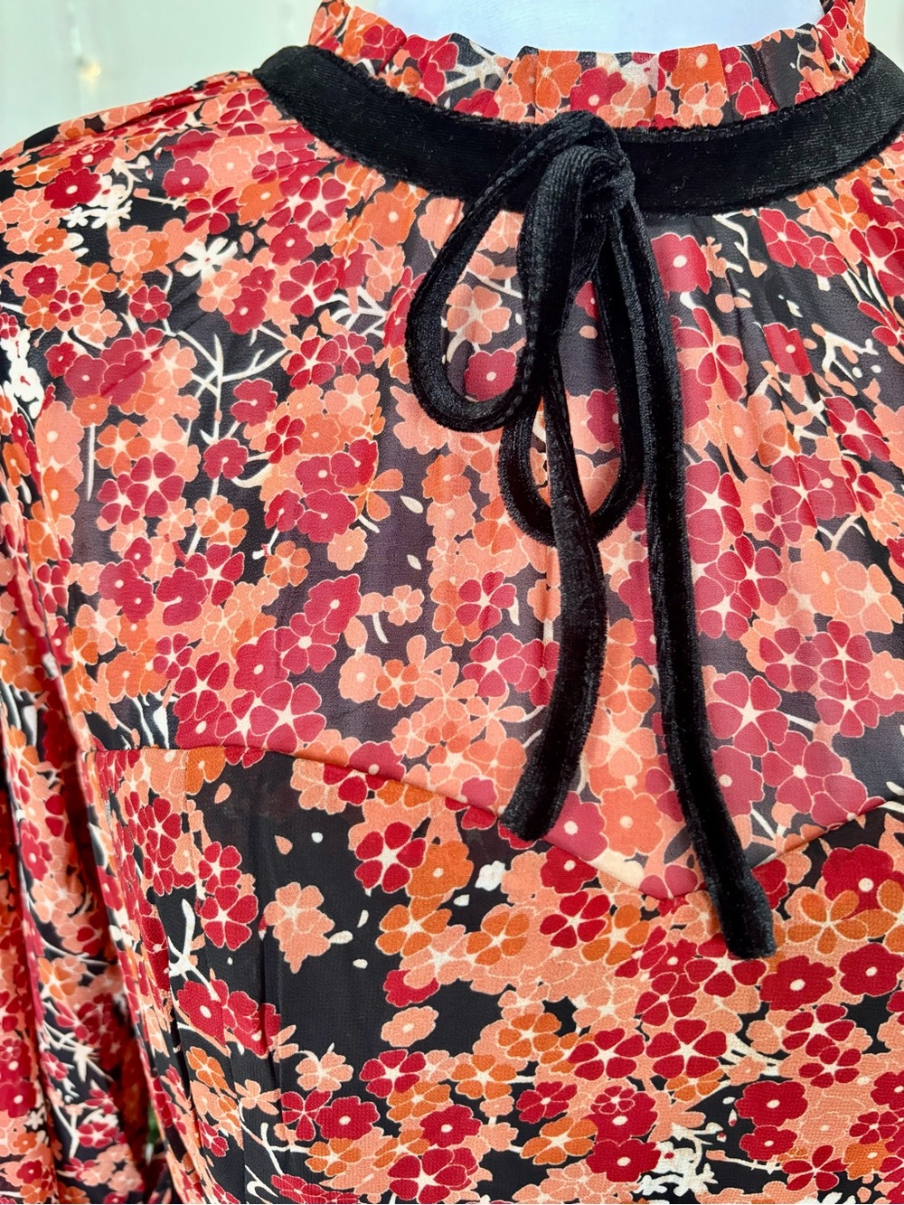 Unique Vintage Warm Floral Velvet Trim Mini Dress Cottagecore Prairie Size L - Picture 4 of 8